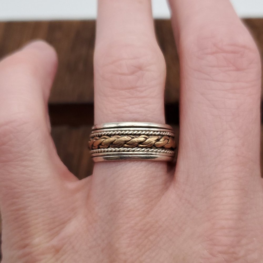Size 7.75 925 Sterling Silver Brass Braid Spinner Anxiety Ring